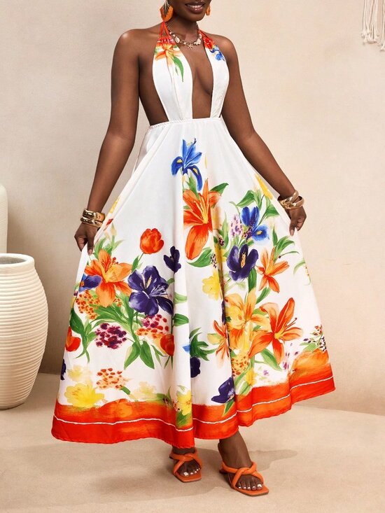 White Sexy Women's Plant-Print Suspender Wrap Dress - Picture 4 of 7